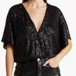 Wayf Black Sequin V-Neck Bodysuit